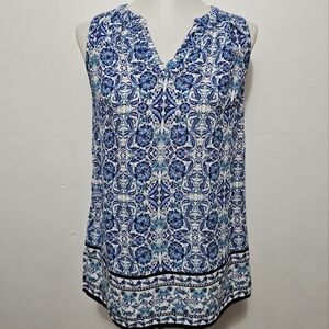 Ava Christina Blue Geo Floral Sleeveless Blouse Size Medium